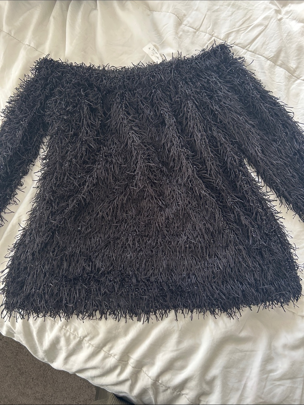 Zara Black Off-the-Shoulder Textured Fringe Sweater